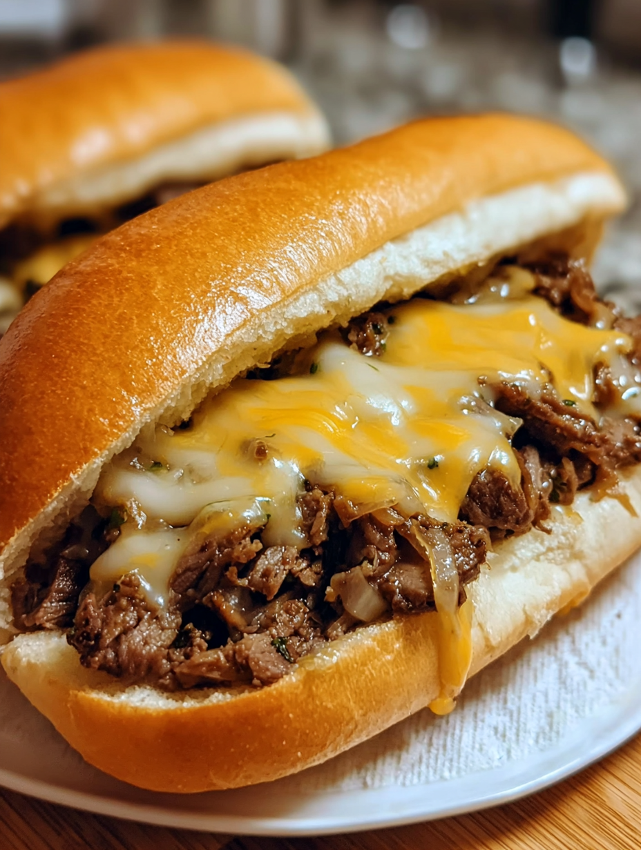 A cheesy hot beef sandwich with onions.