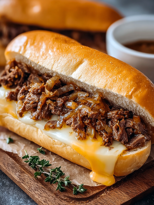 A cheesy hot beef sandwich on a bun.