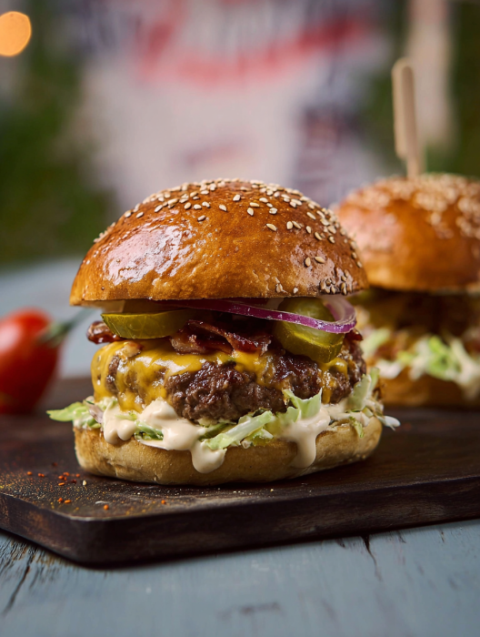 Two burgers with lettuce and tomato on a table.