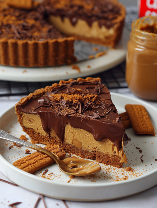 A slice of chocolate and peanut butter no-bake biscott tart.