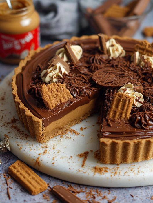 A slice of a no-bake biscoff tart.