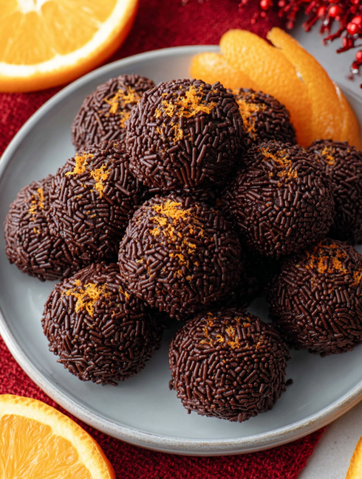 A plate of chocolate truffles with orange slices on top.