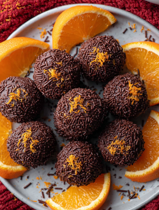 A plate of chocolate truffles with orange slices.