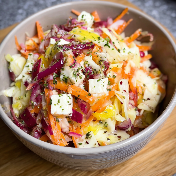 A bowl of vegetables with a white substance on top.