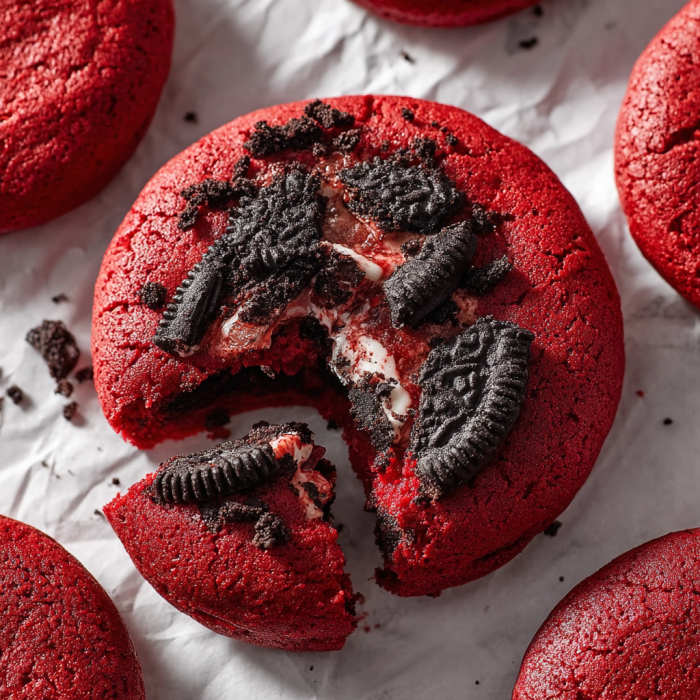 A half eaten red velvet oreo cookie.