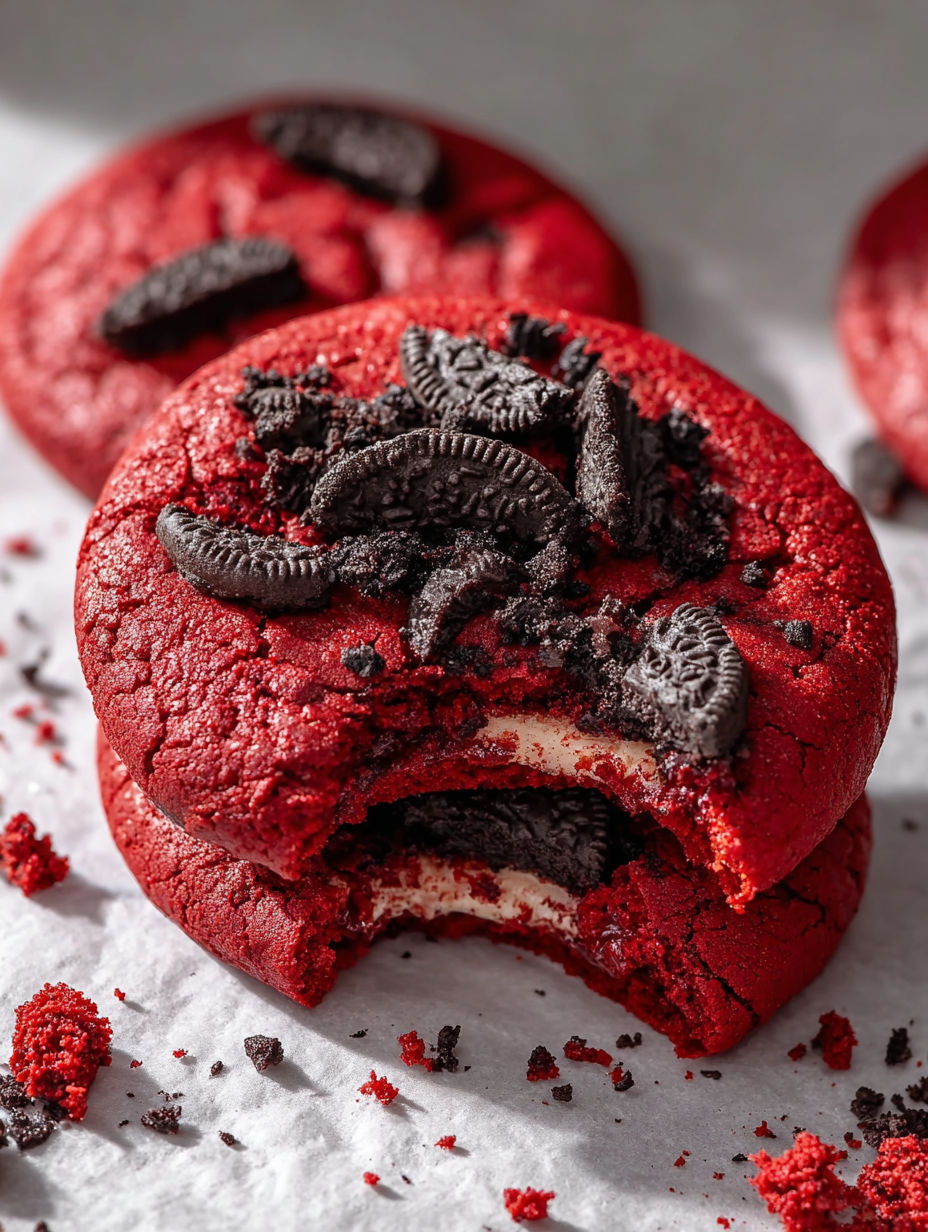 A red velvet cake with chocolate chips and Oreo cookies.