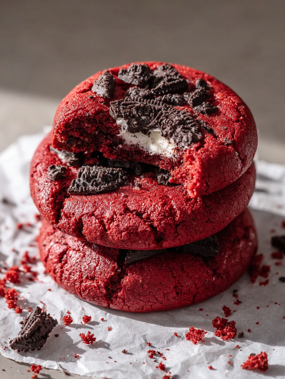 A red velvet cake with white frosting and chocolate chips.