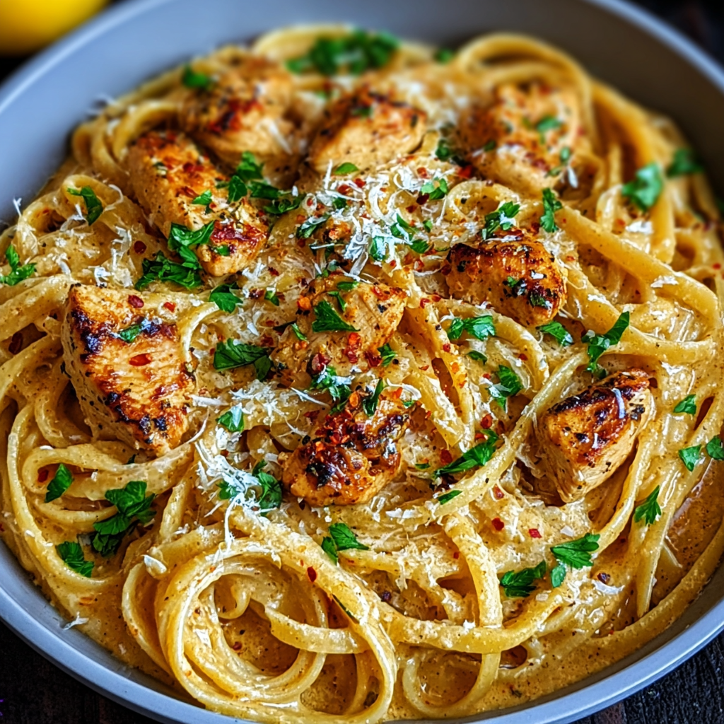 A bowl of pasta with chicken and cheese.