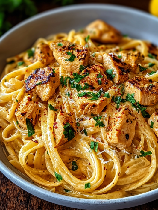A bowl of pasta with chicken and cheese.