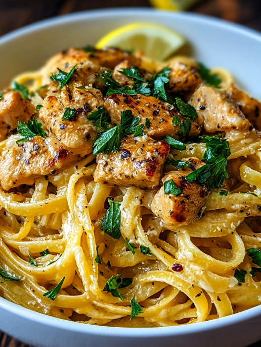 A plate of pasta with chicken and herbs.