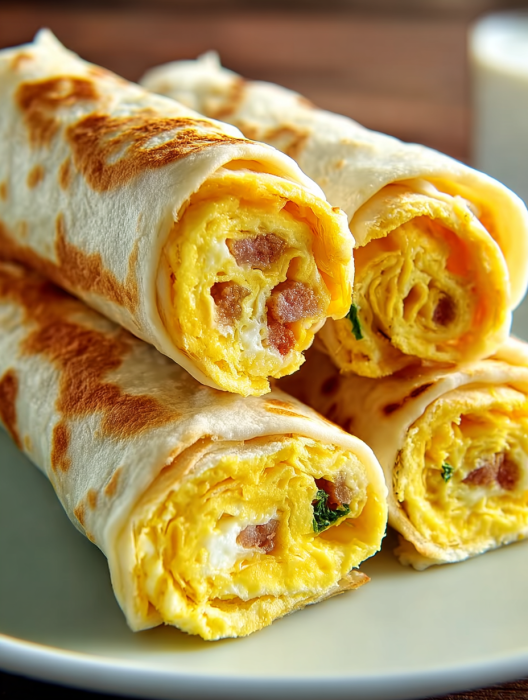 A breakfast burrito with eggs and bacon.