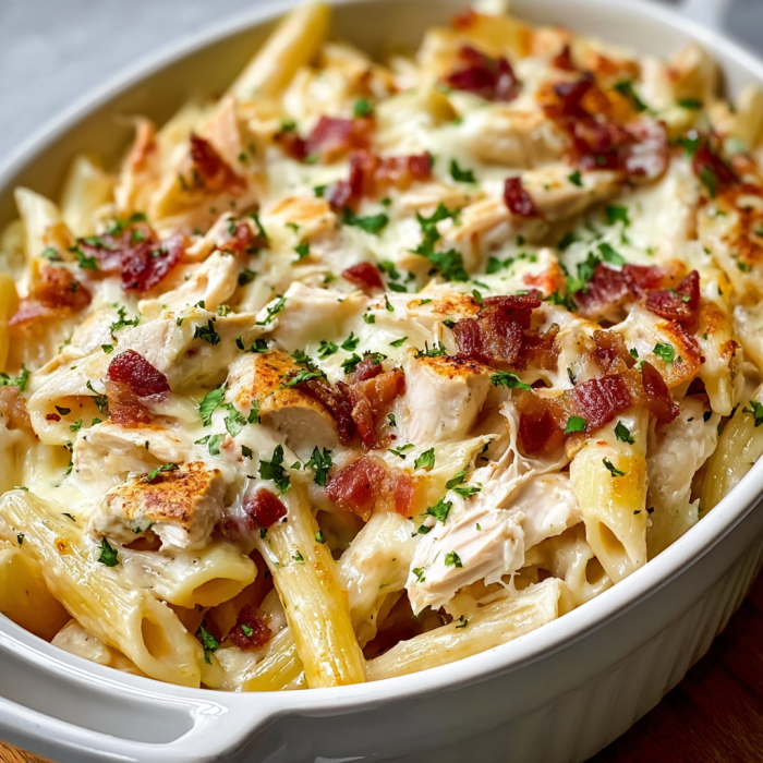 A bowl of chicken bacon alfredo baked pasta.