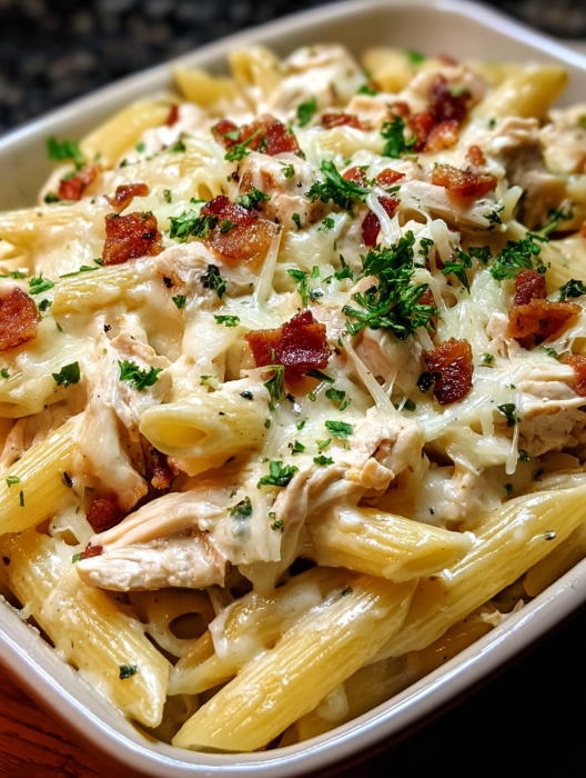 A bowl of pasta with chicken and bacon.