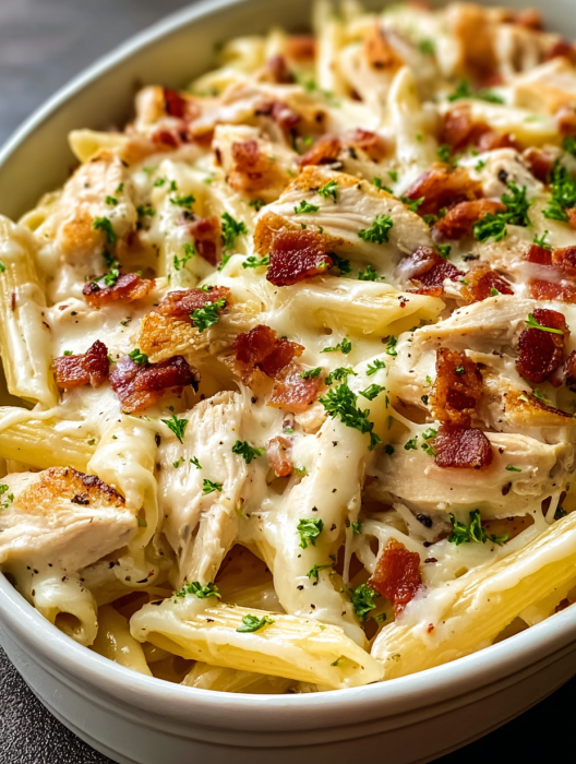 A bowl of pasta with chicken and bacon.