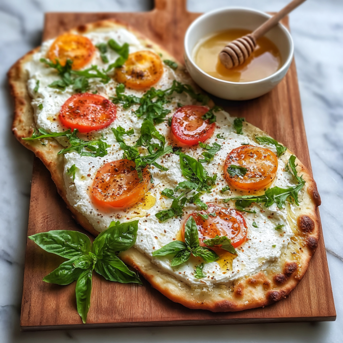A flatbread pizza with tomatoes, basil, and ricotta cheese.
