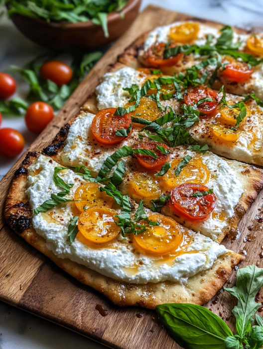 A pizza with tomatoes, cheese, and basil on a wooden board.