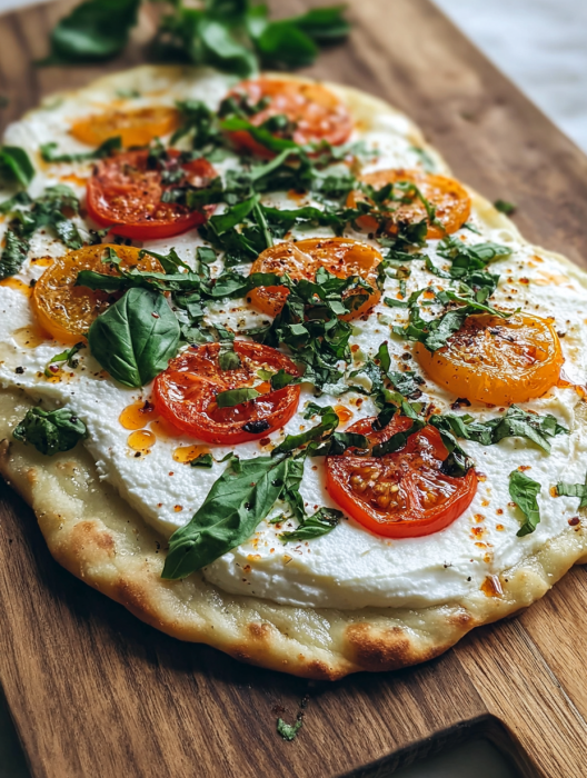 A pizza with tomatoes and basil on top.