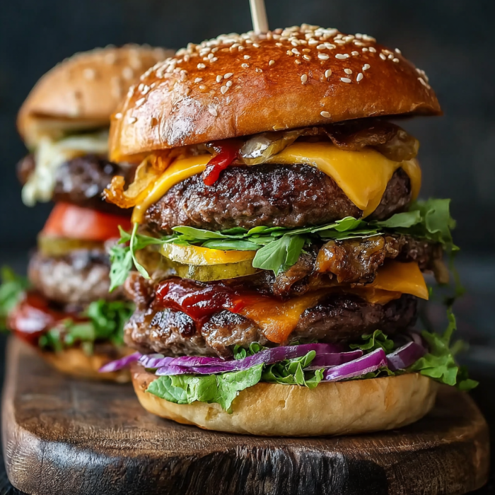 A close up of a large burger with lettuce and tomato.