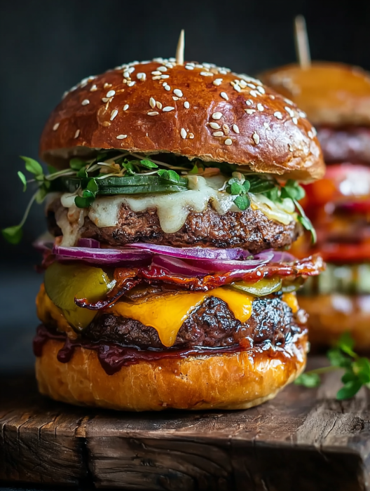 A close up of a burger with lettuce, tomato, and bacon.