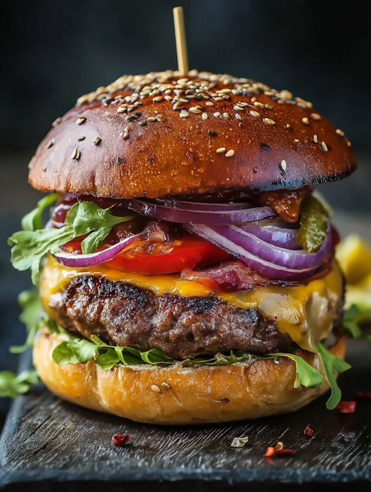 A close up of a burger with lettuce, tomato, onion, and bacon.