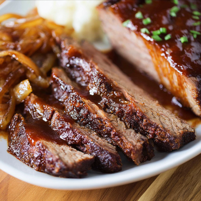 A plate of beef brisket with onions and barbecue sauce.