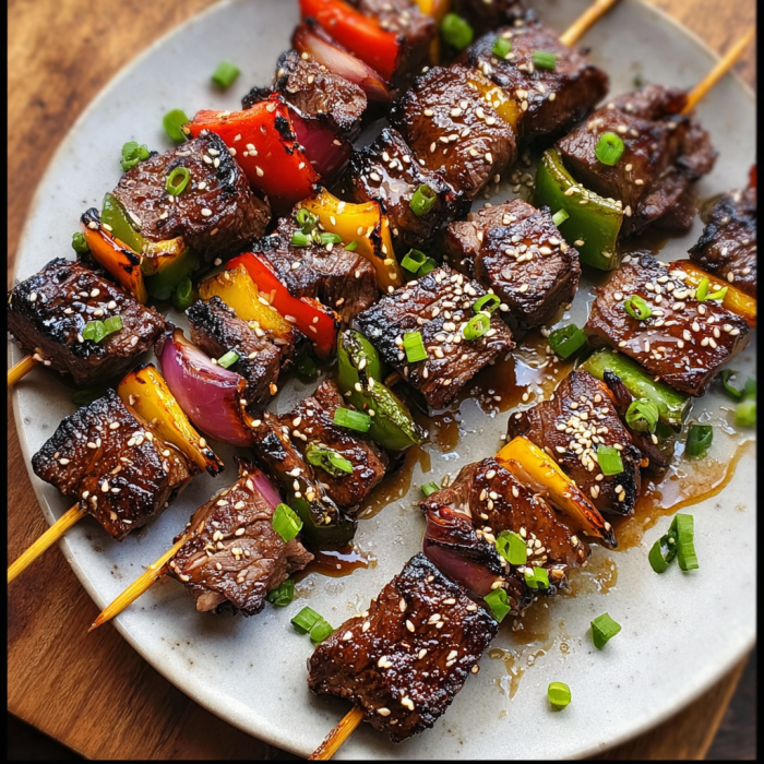 Asian garlic steak skewers on a plate.