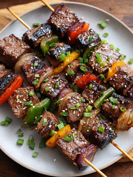 A plate of meat skewers with peppers and onions.