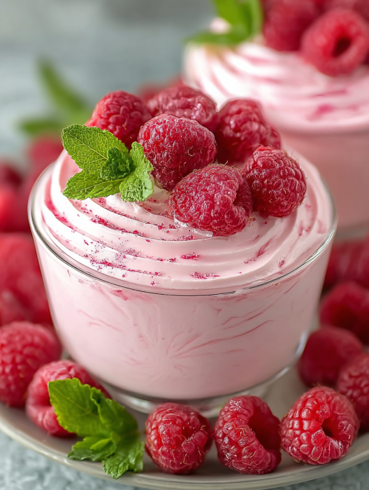 A glass of pink cream with raspberries on top.