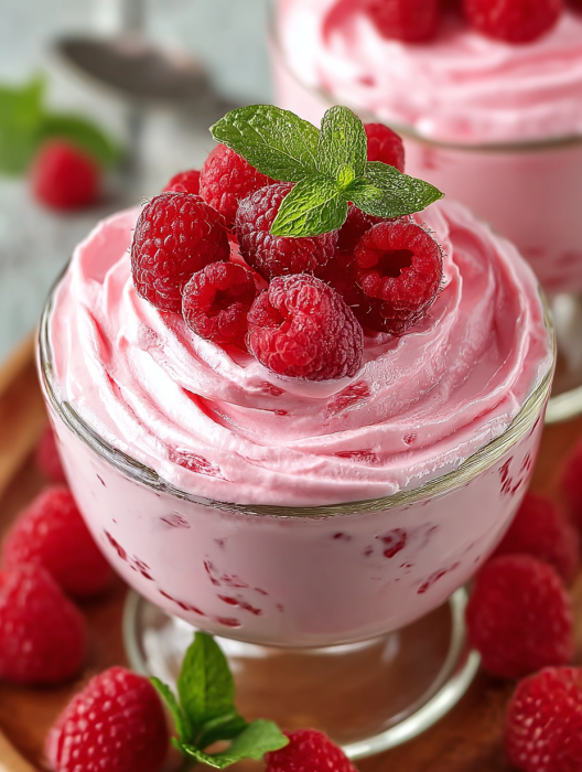 A cup of pink cream with a raspberry on top.