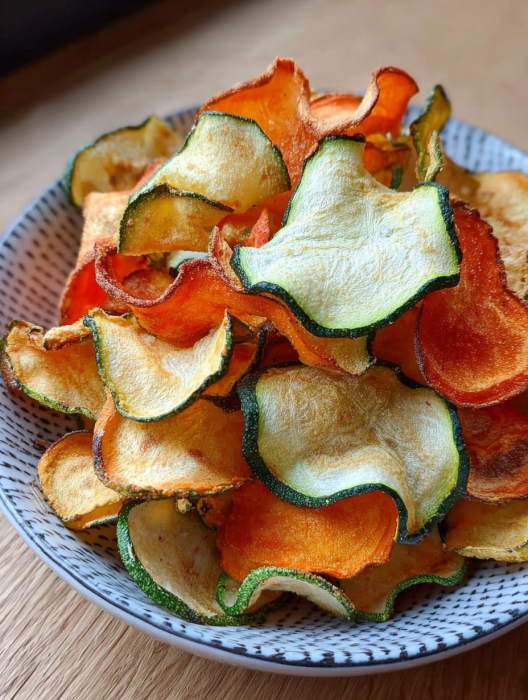 A bowl of chips with a slice of zucchini on top.