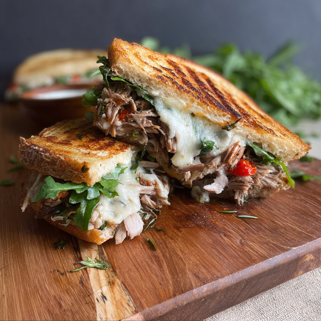 A sandwich with meat and cheese on a wooden board.