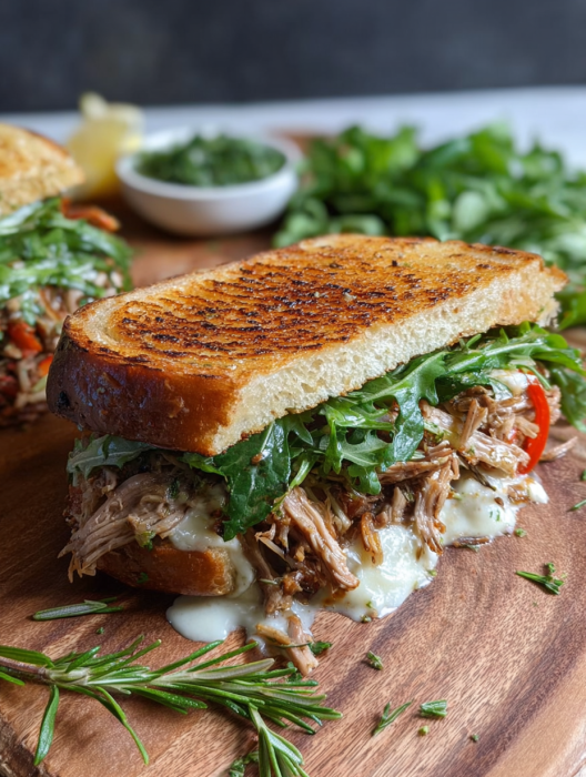 A sandwich with meat and greens on a wooden table.