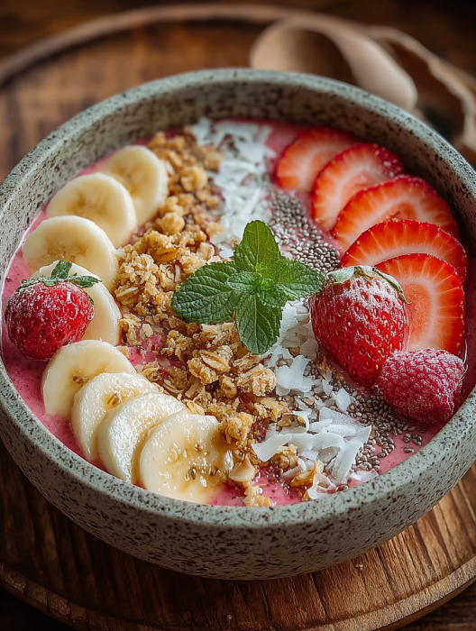 A bowl of fruit with strawberries, bananas, and coconut.
