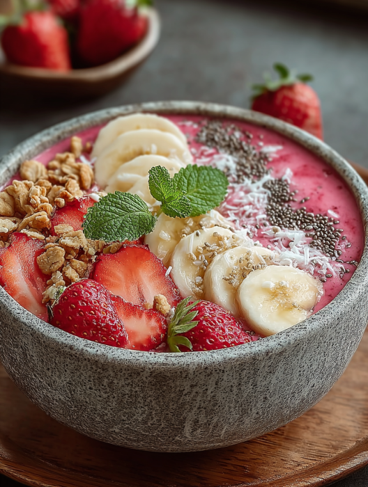 A bowl of fruit with strawberries, bananas, and other fruits.