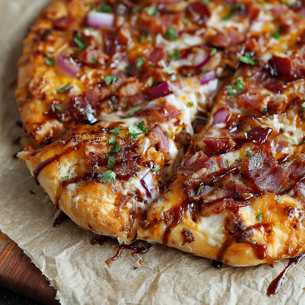 A pizza with bacon and onions on it.