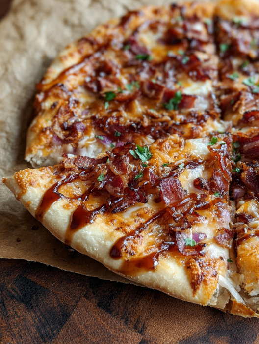 A slice of pizza with cheese and bacon.