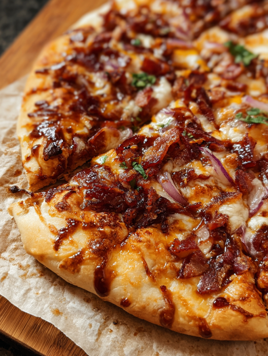 A slice of pizza with bacon and onions.