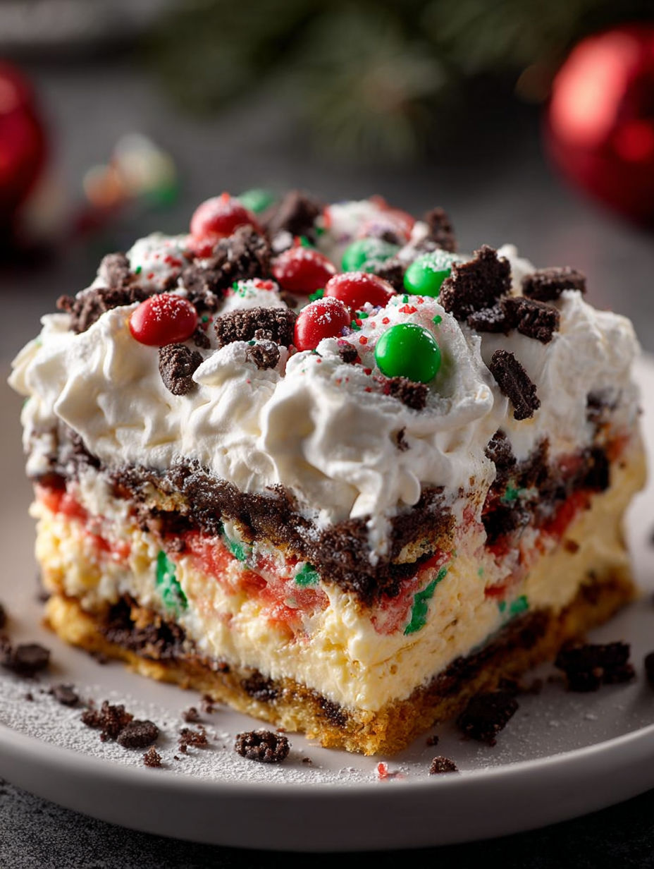 A slice of Christmas Cookie Lasagna.