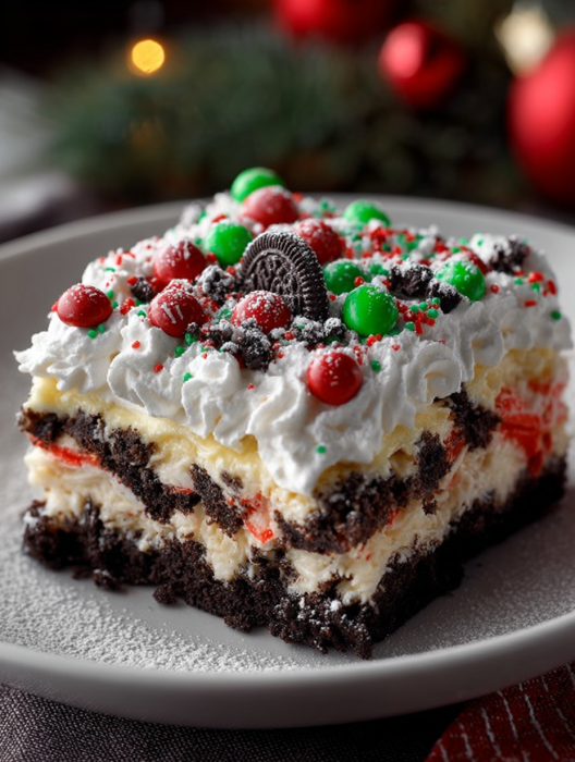 A Christmas Cookie Lasagna with Oreo cookies and candy canes.