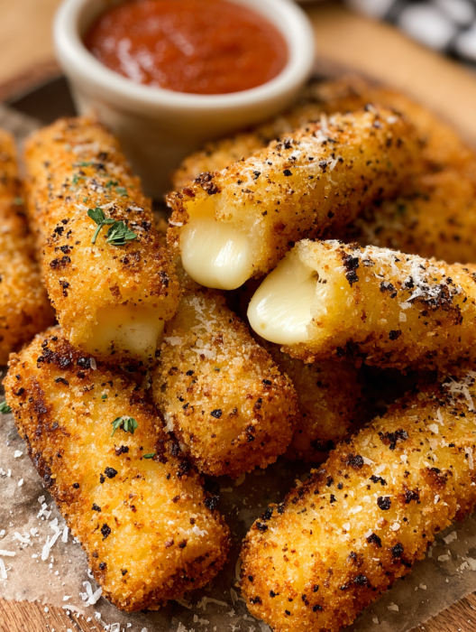 Mozzarella sticks in a bowl.