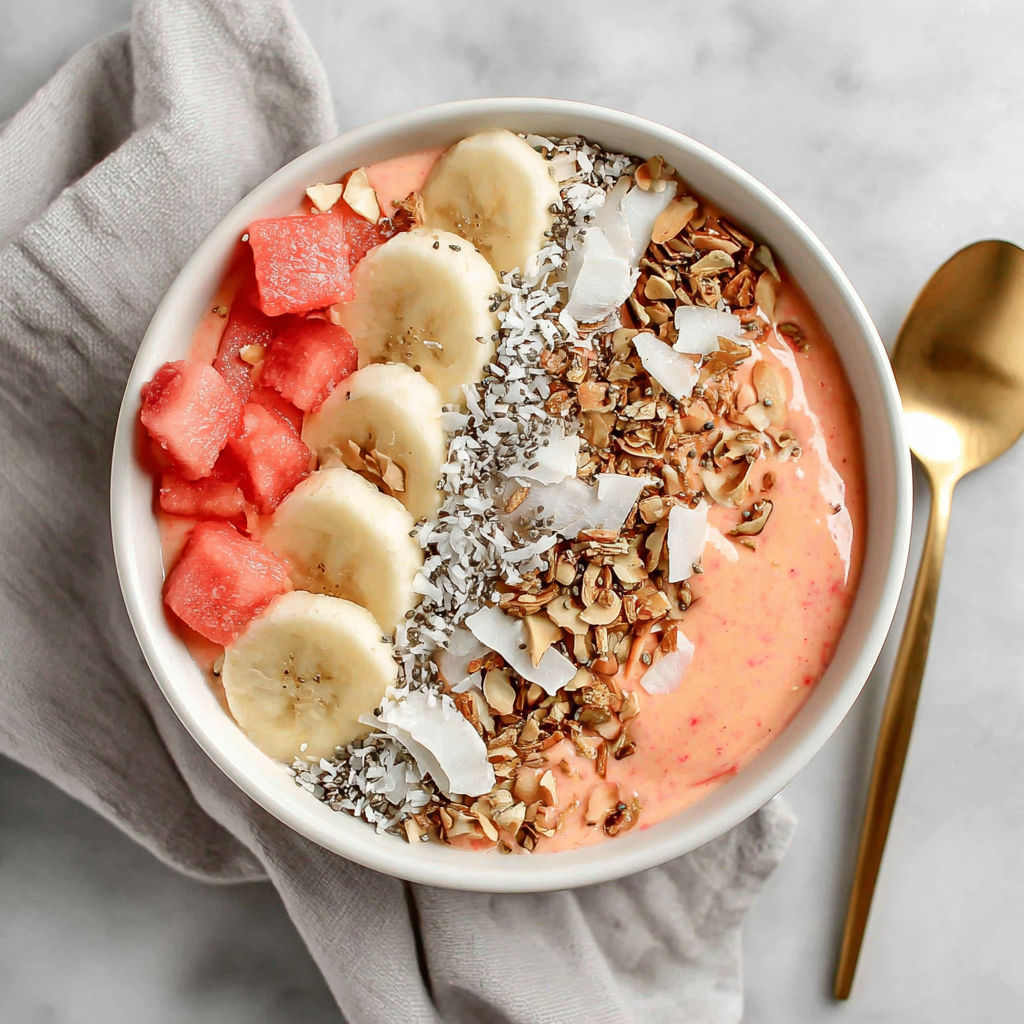 A bowl of fruit with a spoon in it.