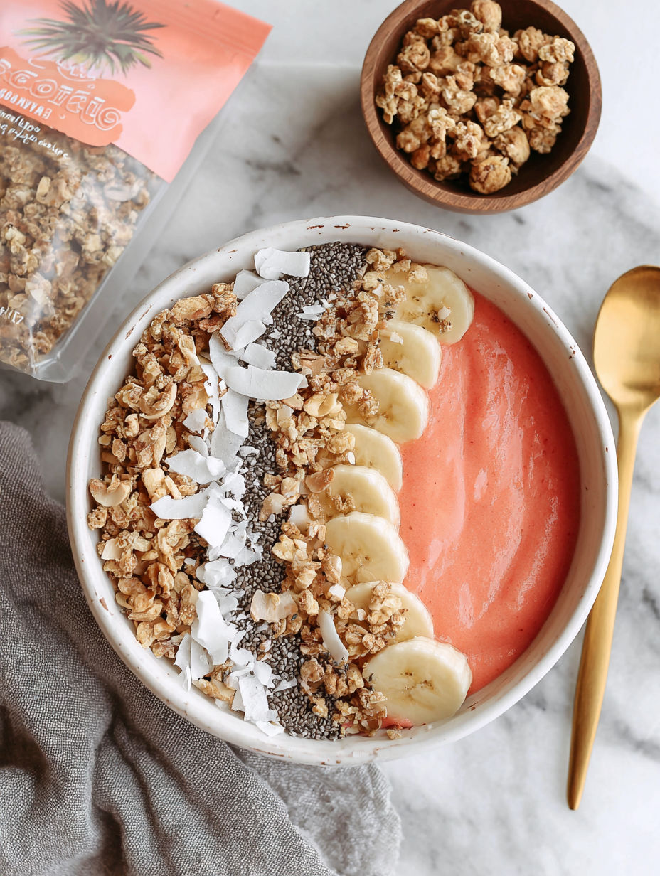 A bowl of granola with bananas and strawberries.