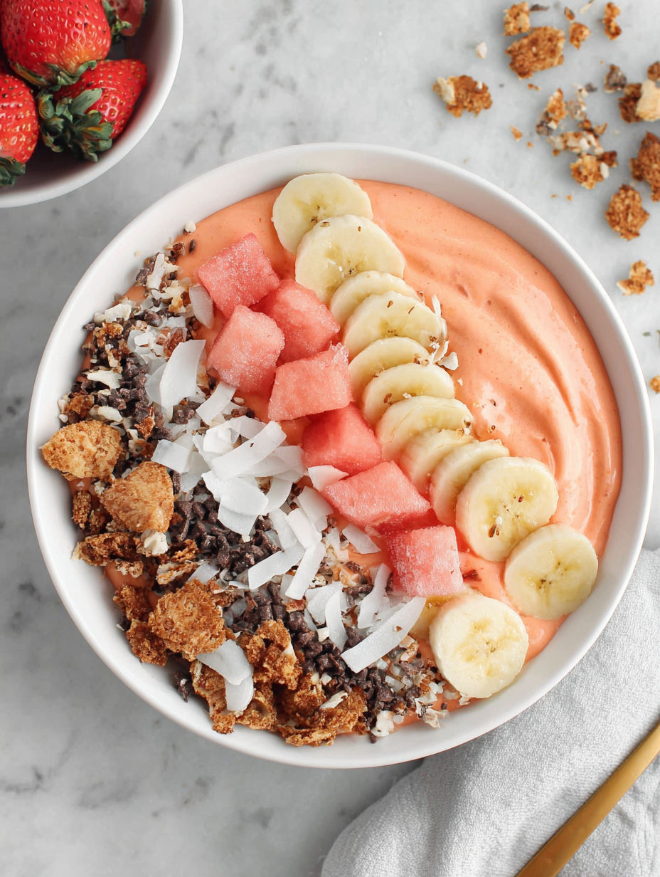 A bowl of fruit with bananas, strawberries, and coconut.