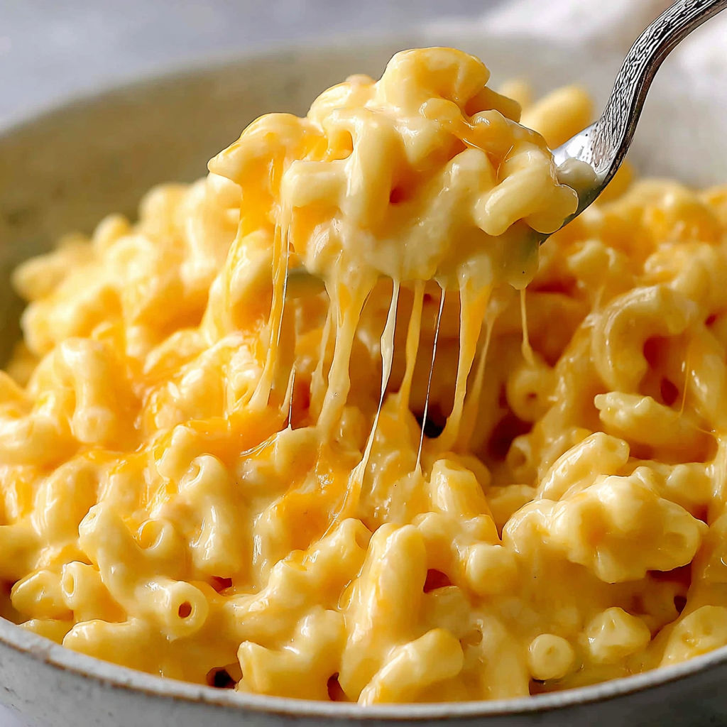 A spoon is in a bowl of mac and cheese.