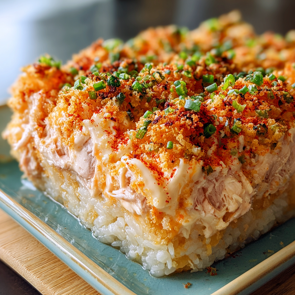 A plate of food with a spicy tuna and creamy crab sushi bake recipe.