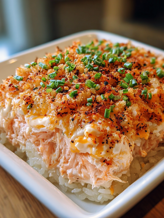 A dish of food with a spicy tuna and creamy crab sushi bake recipe.