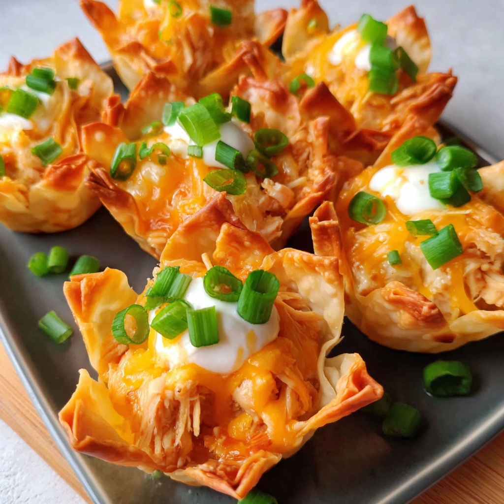 Buffalo chicken wonton cups on a plate.