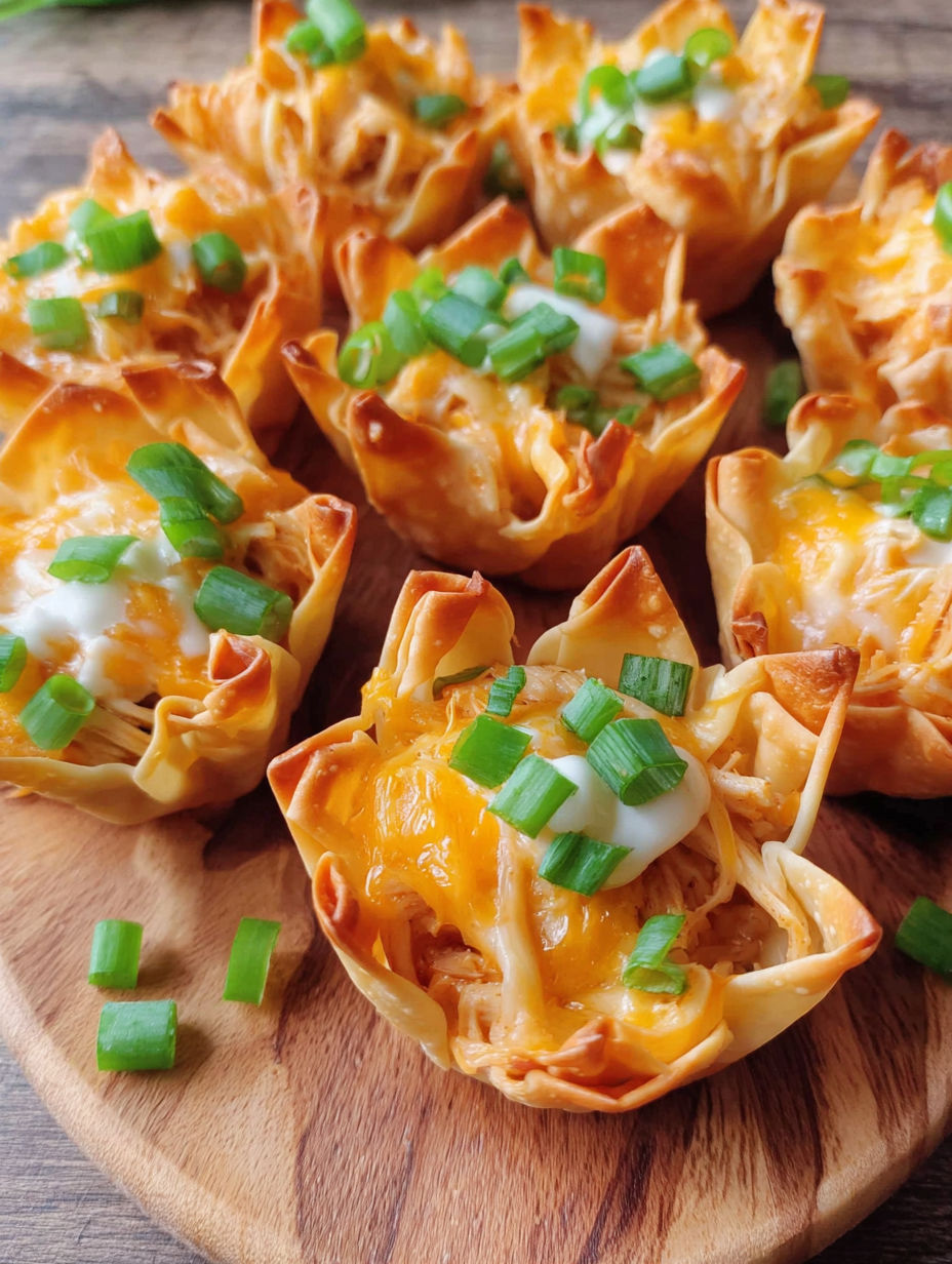 Buffalo chicken wonton cups on a wooden cutting board.
