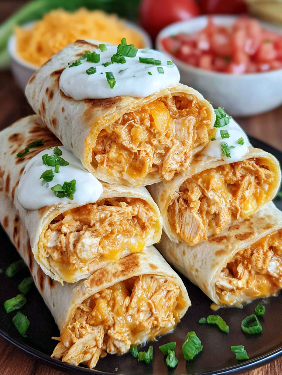 A stack of cheesy buffalo chicken burritos.