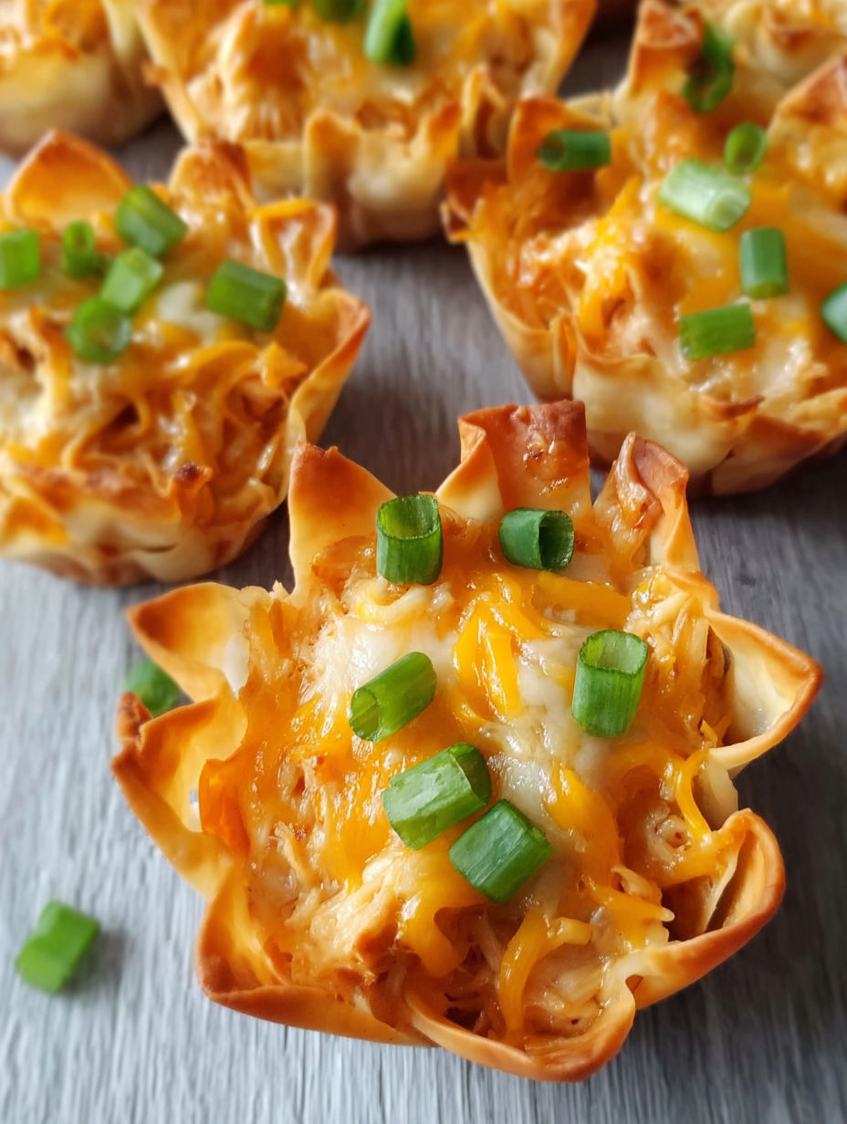 Buffalo chicken wonton cups on a table.